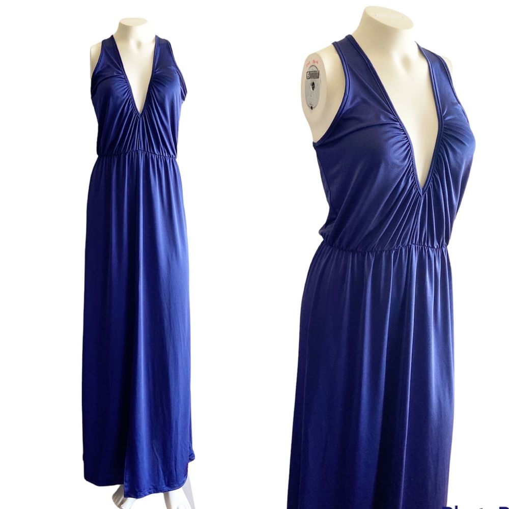 W by Wenjie Dress Blue Maxi Dress Front Slit Deep V